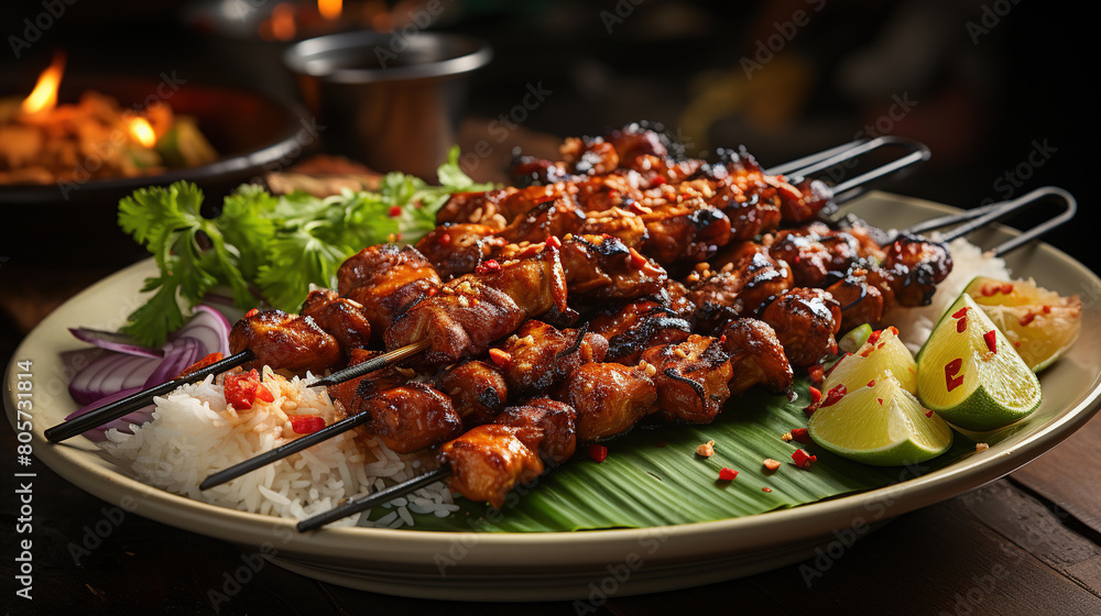 Delicious Grilled Meat Stick Skewers With Salad and Sauce On Defocused Background