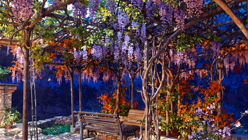 wisteria and viewing bench overlooking Lake Como, Italy at night photo