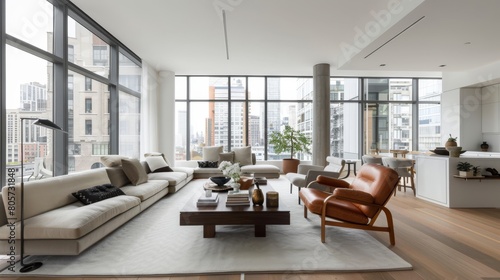 The photo shows a modern living room with a large windows, comfortable furniture, and stylish decoration. The room is bright and airy, with a warm and inviting atmosphere.