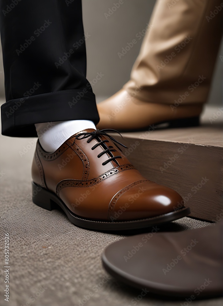 Pair of male legs with brown dress shoes and dress pants on an urban background