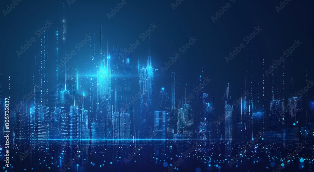 Abstract blue digital cityscape background with glowing lights and holographic elements on dark blue gradient Abstract blue digital cityscape background with glowing lights and holographic elements on dark blue gradient