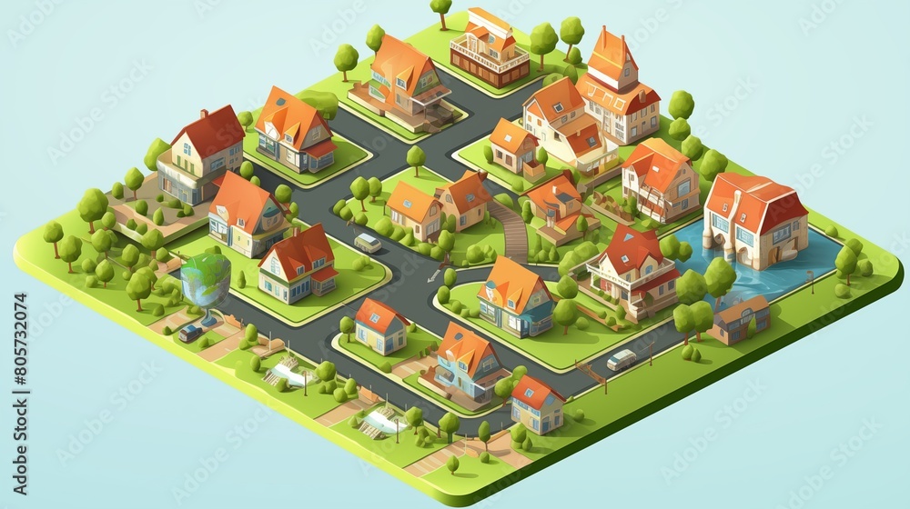 Isometric 3D Cityscape Vector with a Picturesque Rural Settlement.