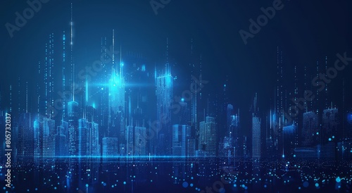 Abstract blue digital cityscape background with glowing lights and holographic elements on dark blue gradient