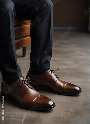 The feet of the groom, businessman or entrepreneur in expensive luxury leather brown shoes with a pattern on the background of grass and cobblestones.