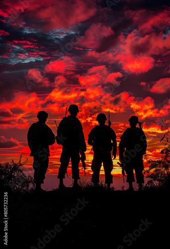 Silhouetted military veterans and soldiers at sunset, representing patriotism, sacrifice, and duty. Suitable for memorial events, Veterans Day, and military-themed designs.