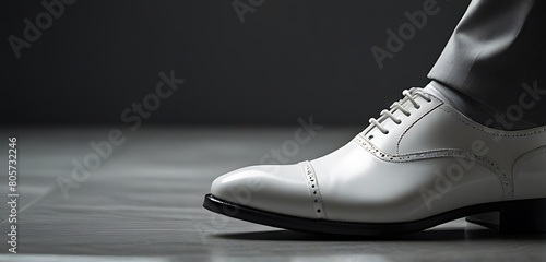 Close-up of Modern white shoe  Classic Men s Shoes on Urban Street  A Dapper Gentleman in Business Suit