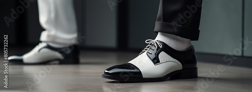 Close-up of Modern white shoe, Classic Men's Shoes on Urban Street: A Dapper Gentleman in Business Suit photo