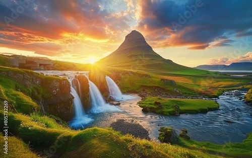 Iceland s incredible natural landscape. Beautiful and fantastic sunset over the Majestic Kirkjufell  Church mountain  and waterfall. The very beautiful Kirkjufell Mountain