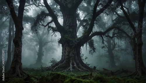A dreamlike forest where misty tendrils embrace ancient trees, evoking an ethereal realm ai_generated