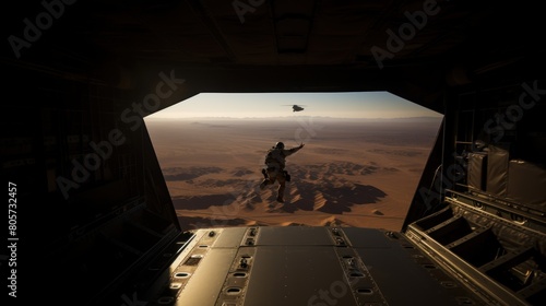 Airborne soldier with parachute on back jumps out of military plane at sunrise light photo