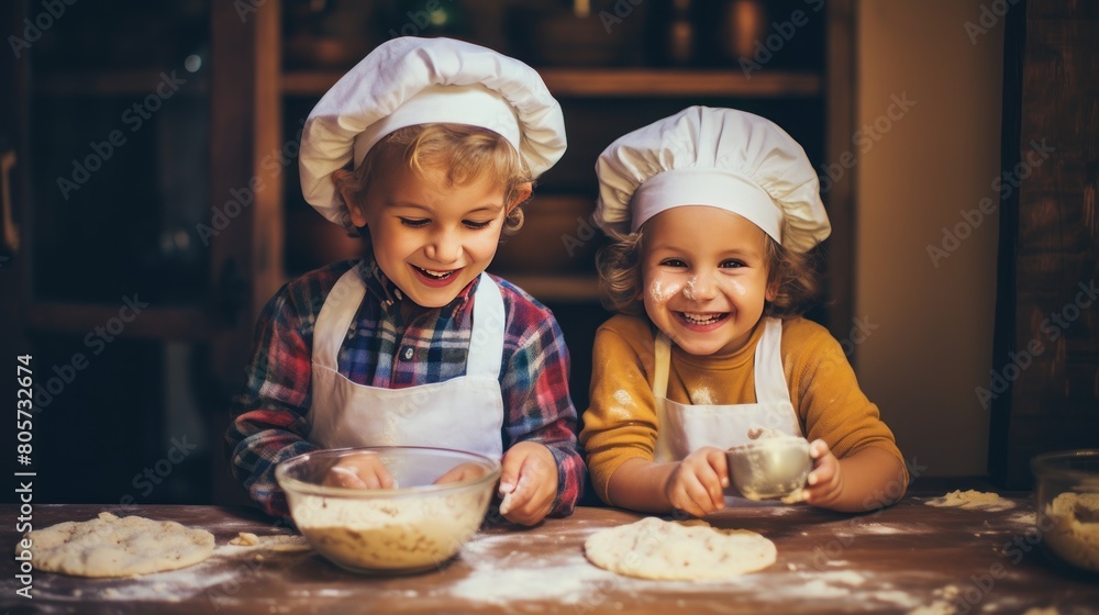 Laughing little girls cook homemade pastry at table covered with flour in home kitchen Laughing little girls cook homemade pastry at table covered with flour in home kitchen