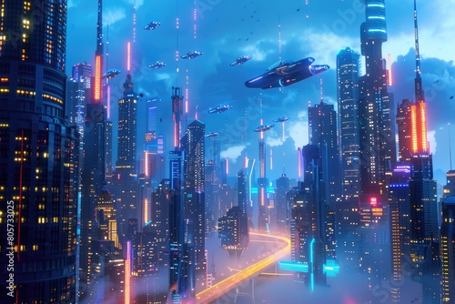 Futuristic cityscape rendered in 3D  with towering skyscraper illuminated by neon lights and flying.