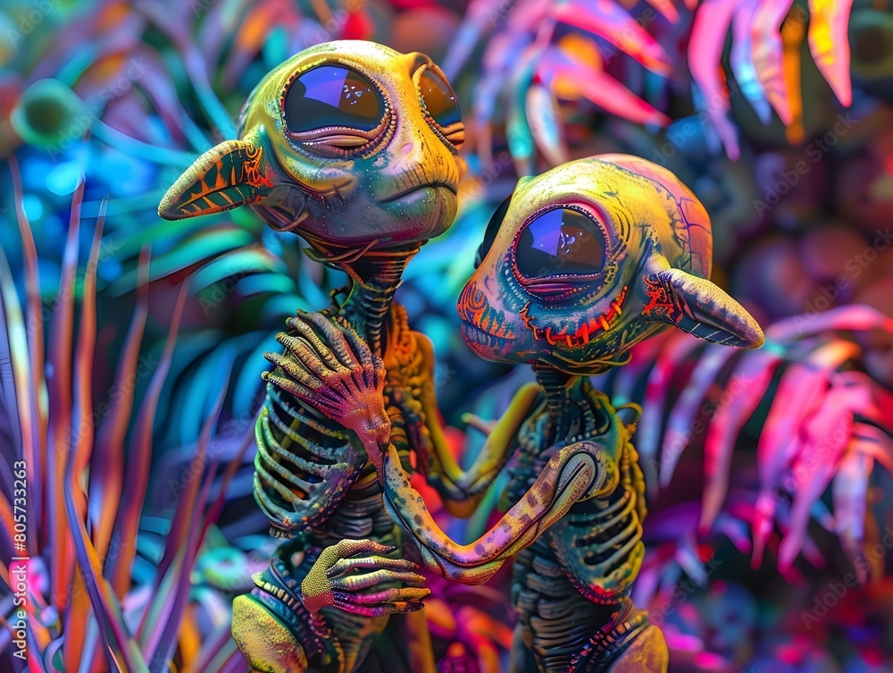 Surreal Skeletal Creatures Bathed in Vibrant Neon and Fluorescent Hues of a Psychedelic Dreamscape
