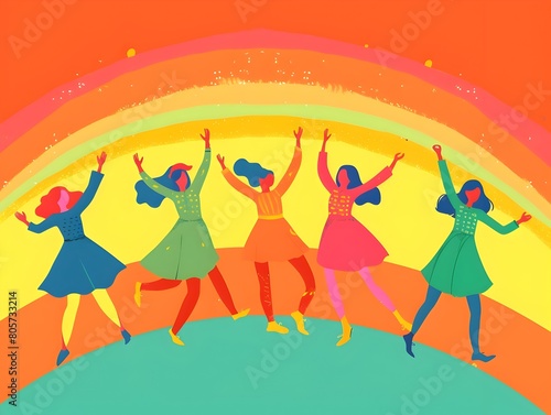 Joyful of Diverse Women Dancing and Jumping with Arms Raised Against Vibrant Rainbow Sunset Backdrop © Humoresque