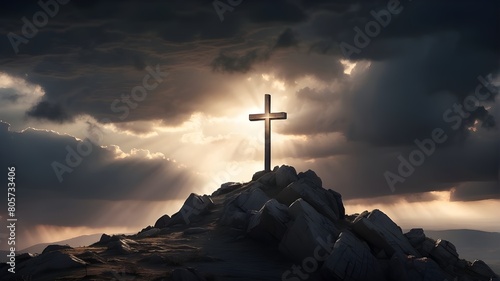 innovative idea for a religion. Cross over a mountainous hill, Shadow Play Christian cross atop a mountain with a backdrop of sunlight, trust in the person of Jesus. Christianity. worship in churches,