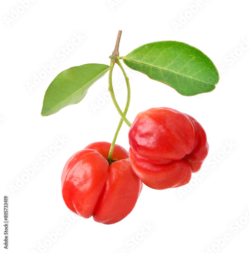 Acerola cherry with stem and leaves isolated on white background.