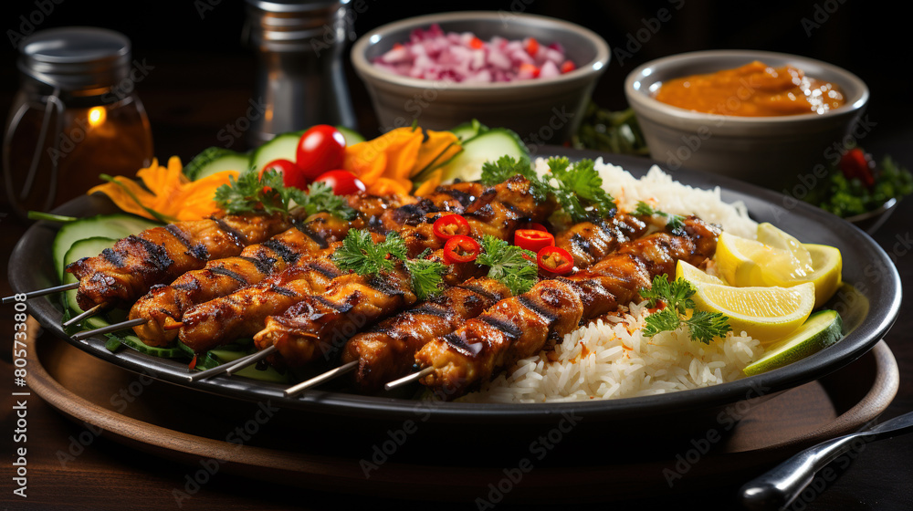 Delicious Grilled Meat Stick Skewers With Salad and Sauce On Defocused Background Delicious Grilled Meat Stick Skewers With Salad and Sauce On Defocused Background