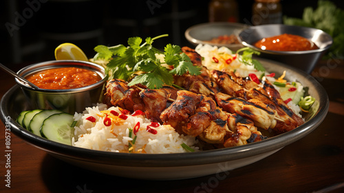 Beautifully Arranged Grilled Meat Skewers in Rice Plate On Blurry Background