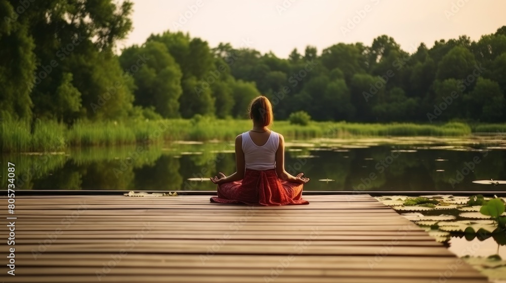 Tranquil woman meditates sitting in lotus pose on pier by calm river on autumn day Tranquil woman meditates sitting in lotus pose on pier by calm river on autumn day