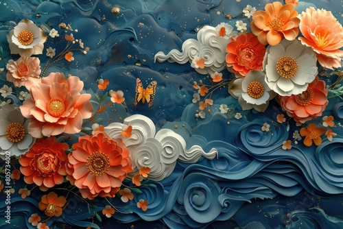 Exquisite craftsmanship: colorful butterfly and flower organic paper sculpture design, an illustration of dreamy romance, perfect for banner, capturing the beauty of nature in intricate detail.