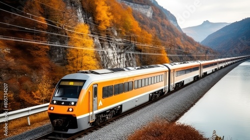A locomotive pulls a passenger train along a winding road among the autumn forest and mountains.