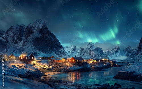  view of winter fishing village with northern lights. amazing natural background. The beautiful view of the Reinefjord is very impressive