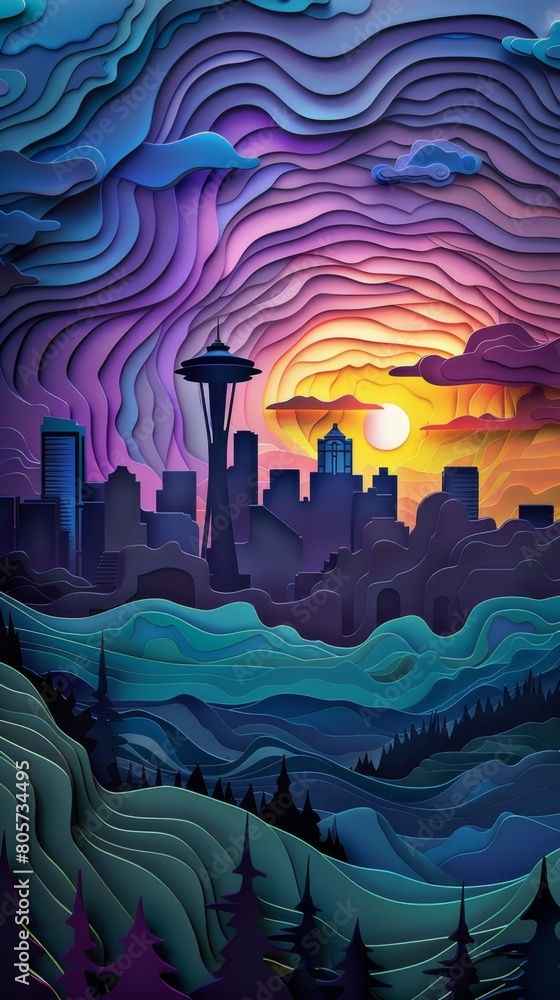 Seattle Skyline Mount Rainier at Sunrise Sunset Paper Cut Phone Wallpaper Background Illustration Seattle Skyline Mount Rainier at Sunrise Sunset Paper Cut Phone Wallpaper Background Illustration