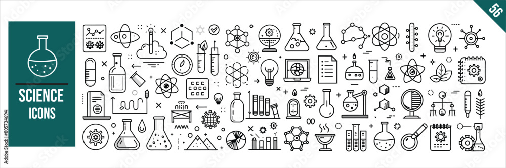 Set of 56 outline icons related to Science. Linear icon collection. Vector illustration. Set of 56 outline icons related to Science. Linear icon collection. Vector illustration.