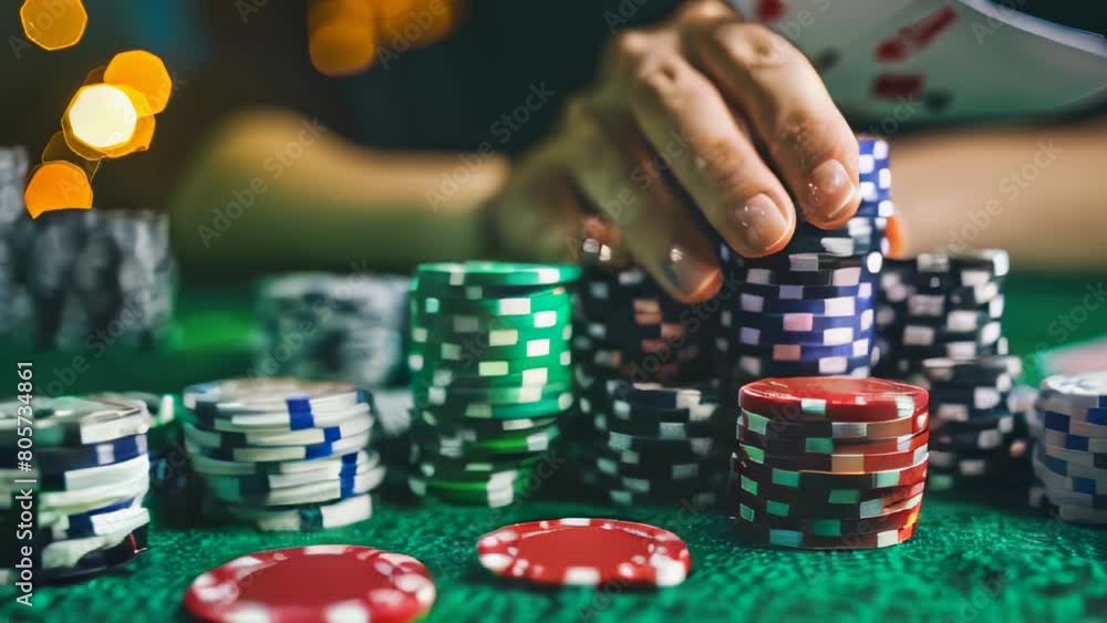 Person playing poker with hand of cards, casino chips stacked on table Person playing poker with hand of cards, casino chips stacked on table