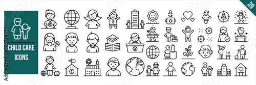 Set of 39 outline icons related to child care. Linear icon collection. Vector illustration.