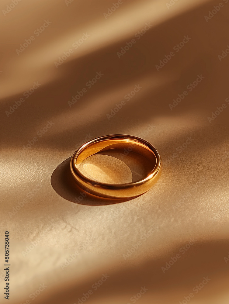 A top-view photograph showcases the bride's ring against a light background, emphasizing minimalism and elegance. Bathed in natural daylight, the ring gleams softly, symbolizing the purity and beauty A top-view photograph showcases the bride's ring against a light background, emphasizing minimalism and elegance. Bathed in natural daylight, the ring gleams softly, symbolizing the purity and beauty