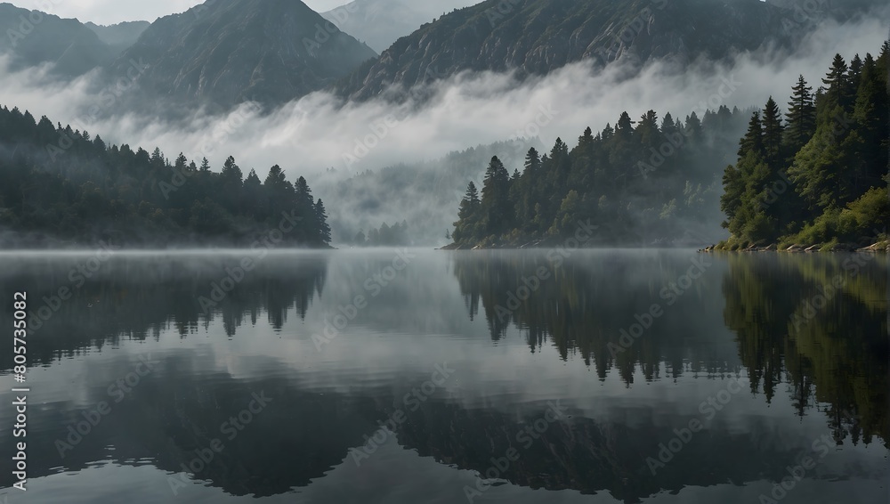 The stillness of a mist-covered lake reflecting the surrounding mountains, epitomizing tranquility ai_generated