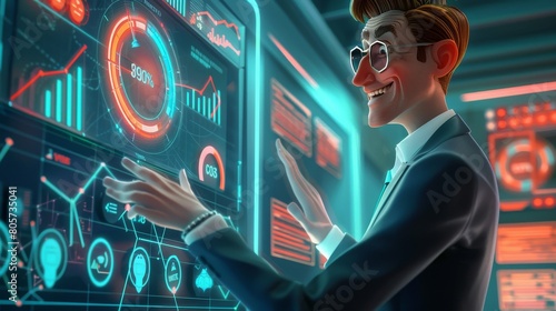 Futuristic analyst delighted with high tech data visualization photo