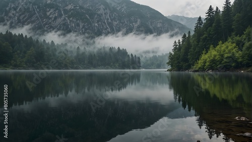 The stillness of a mist-covered lake reflecting the surrounding mountains  epitomizing tranquility ai_generated