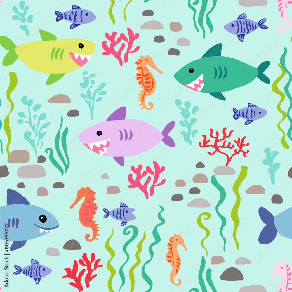Coastal seamless vector repeat pattern with happy sea animals. sharks, fish, seahorse, corals on aqua teal blue background. Summer, swim, poolside, kids swimwear, beach backdrop Coastal seamless vector repeat pattern with happy sea animals. sharks, fish, seahorse, corals on aqua teal blue background. Summer, swim, poolside, kids swimwear, beach backdrop