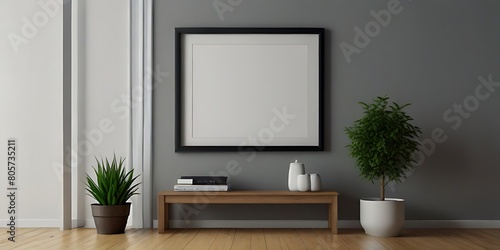 single picture of frame mockup poster hanging on the beige wall in the midlle of the corridor in the minimalist interior photo