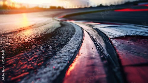 Wet racetrack at sunset with vibrant colors photo