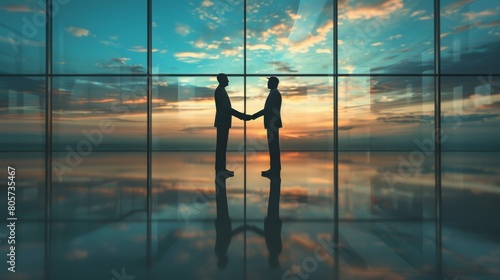 Two silhouettes shake hands in a reflective office at sunset