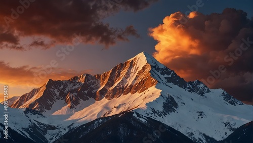 The towering grandeur of a snow-capped mountain range  crowned by a blazing sunset  radiating majestic splendor ai_generated