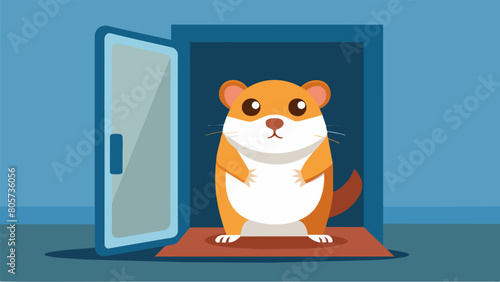A skeptical hamster peering through the clear flap of an electronic pet door unsure if its safe to go through.. Vector illustration