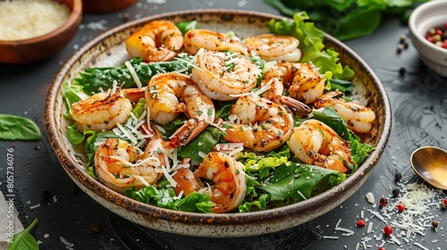 A close shot of barbecue Shrimps Caesar served with lettuce and vegetables in a wooden bowl a background for product or text  Generative AI.