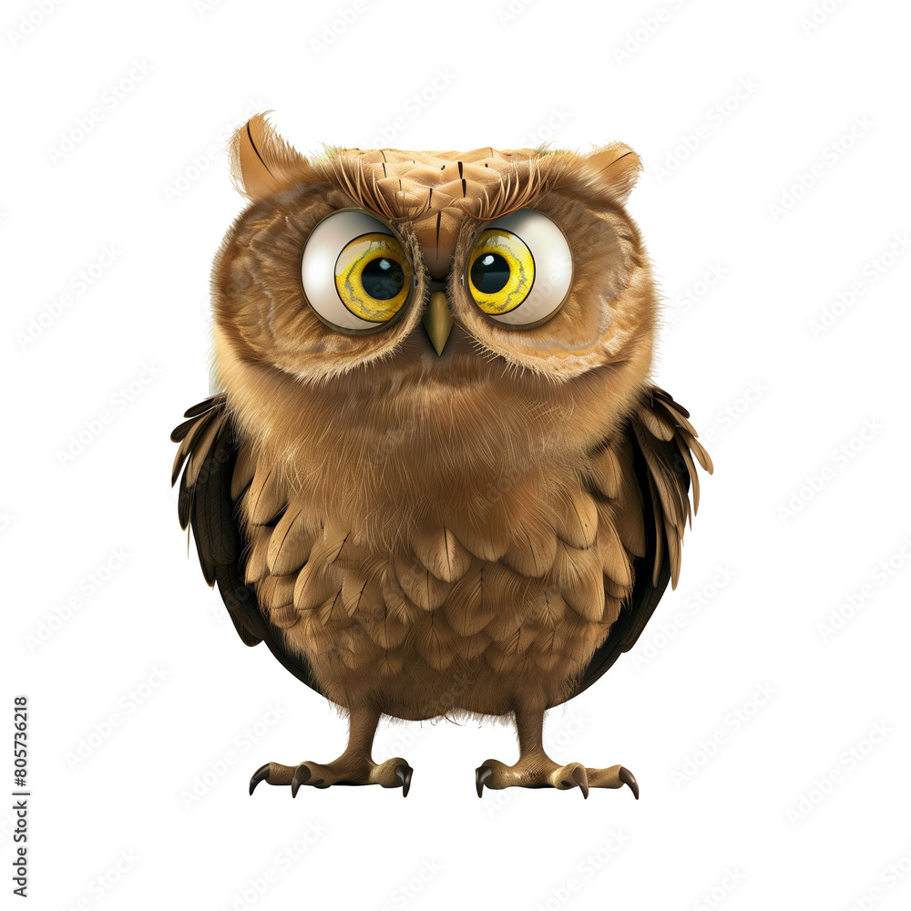 Obraz premium Cute Owl in 3d style illustration for children. Owlet, a wild bird on transparent background. Used for prints, stickers, collages