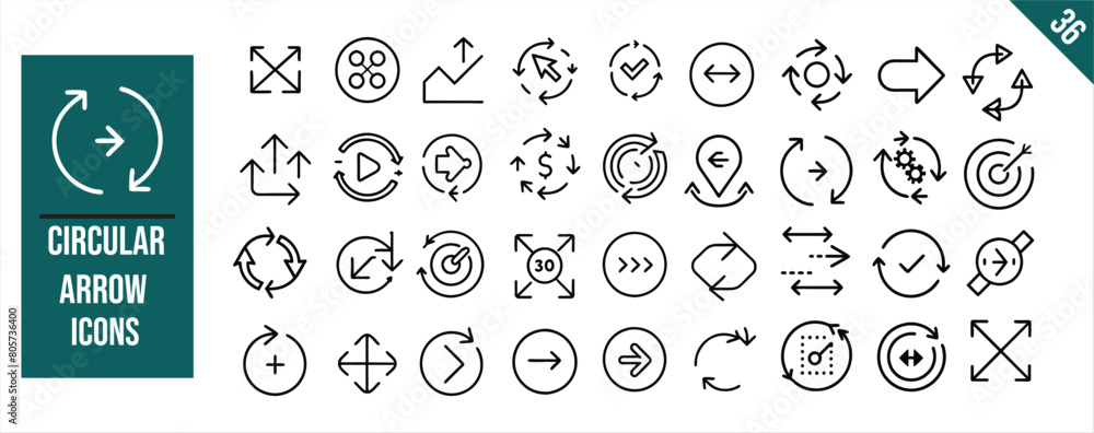 Set of 36 outline icons related to Circular arrow. Linear icon collection. Vector illustration. Set of 36 outline icons related to Circular arrow. Linear icon collection. Vector illustration.