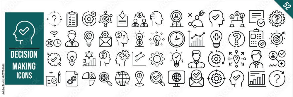 Set of 52 outline icons related to Decision making. Linear icon collection. Vector illustration. Set of 52 outline icons related to Decision making. Linear icon collection. Vector illustration.
