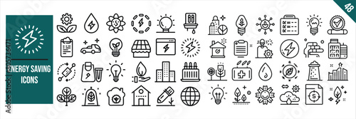 Set of 48 outline icons related to Energy saving. Linear icon collection. Vector illustration.