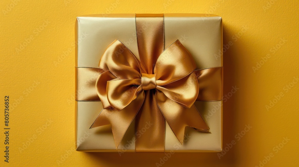 Gift box with golden satin ribbon and bow on yellow background
