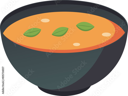 Illustration of a bowl of soup with green leafs on top