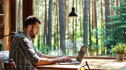 Fototapeta Naklejka Na Ścianę i Meble -  With the forest as his backdrop, a man delves into his work, where tranquility and productivity harmoniously coexist in a serene forest house.