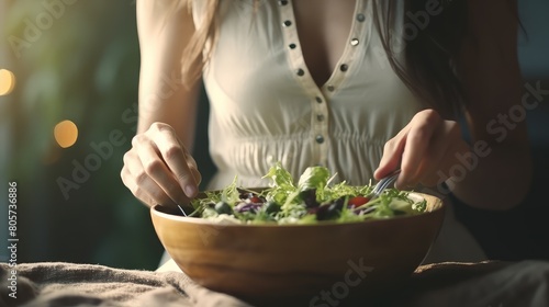 Soft hands lovingly hold a plate of fresh herb salad, a visual reminder of the joy that comes from nourishing oneself photo