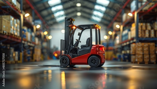Logistics distribution center, Forklift in retail warehouse filled with shelves with products in cardboard boxesEfficient Warehouse Logistics: Orange Forklift for Storage and Transportation